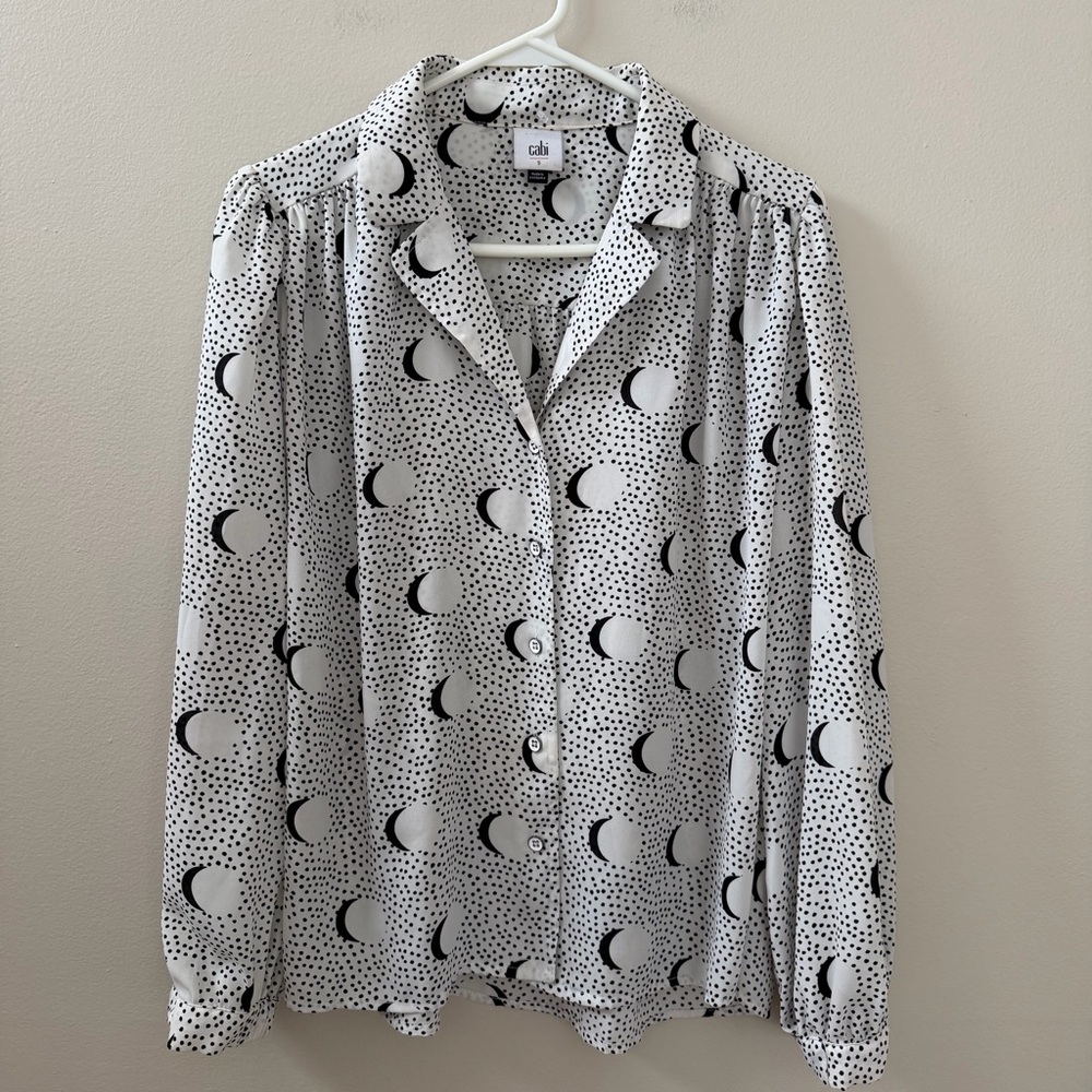 CAbi Blouse Top White Black Moon Dot Print Eclipse, Sz S